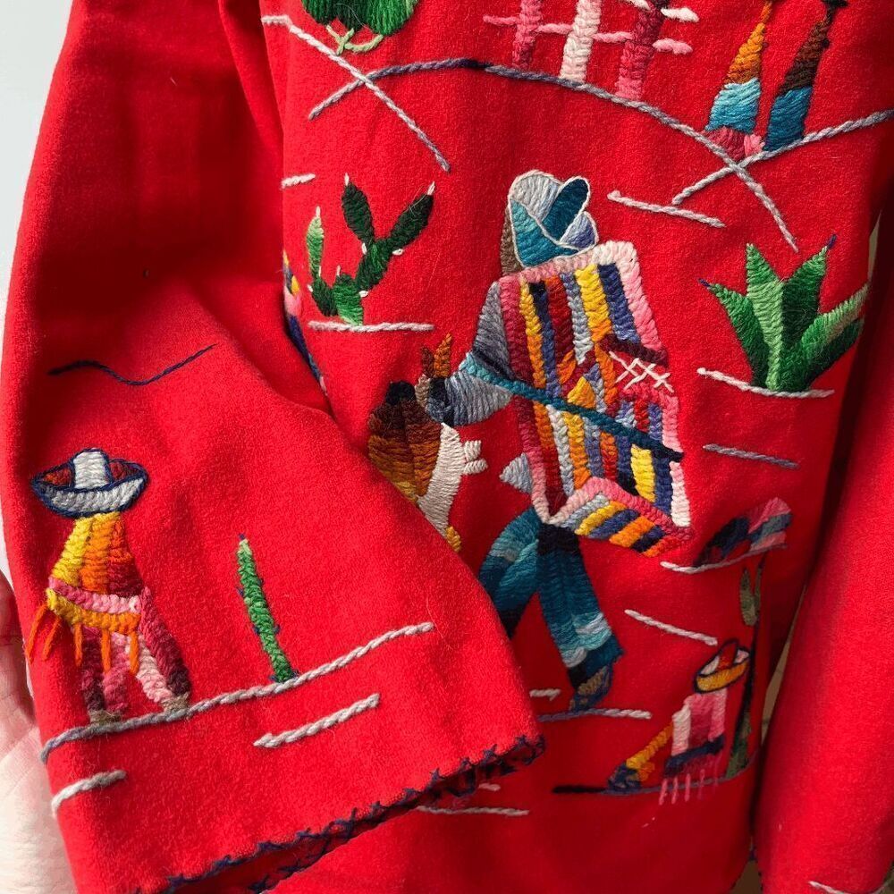 VTG 1940s Mexican Embroidered Wool Jacket Hand-Dyed Yarn, Folk Art, Red Wool S